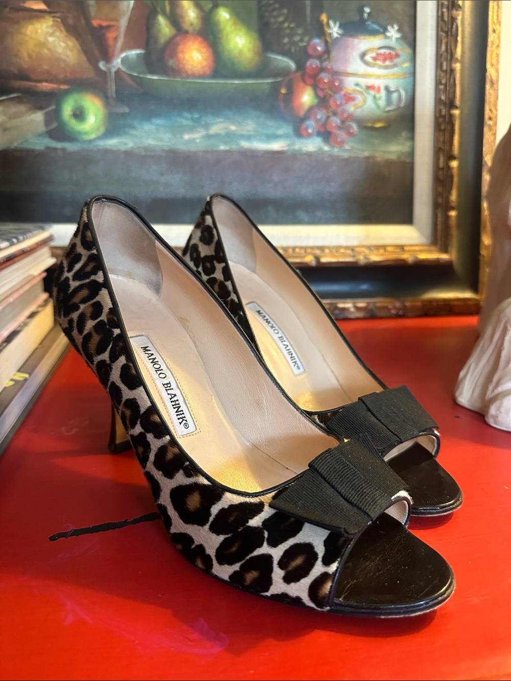 Manolo Blahnik Leopard-Print Peep-Toe Pumps with Black Bow